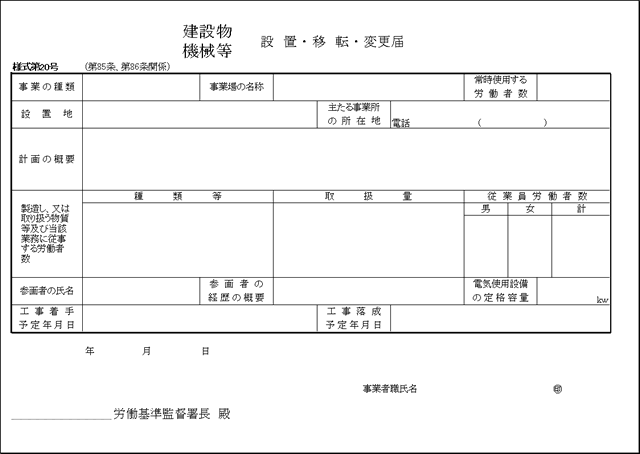 作成書類例
建設物機械等設置・移転・変更届